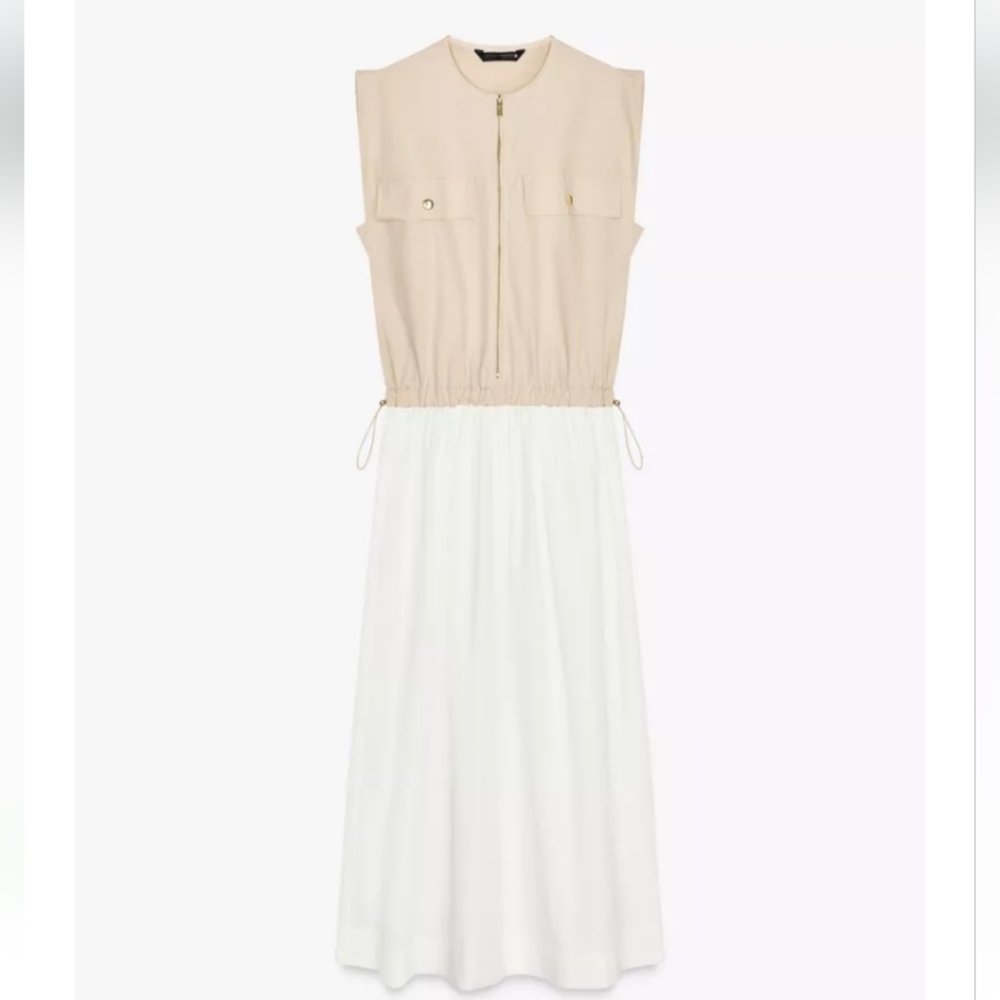 Zara Combination Poplin Beige and White Oversized Sleeveless Dress Elastic Waist
